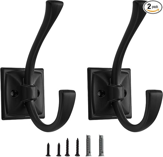 2 Pack Decorative Heavy Duty Towel Hooks for Hanging Robe Double Matte Black Coat Hooks Wall Mounted with Screws for Key, Towel, Bags, Cup, Hat