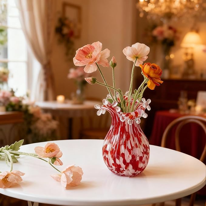 QFkris Hand Blown Glass Vase for Flowers, 8 Inch Red Crystal Bubble Flower Vases for Bouquet Home Decor Decorative Centerpieces, Unique for Mom, Valentine's Day Gift for Her Lover
