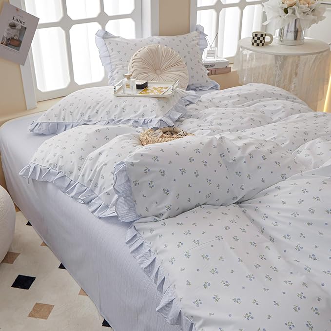 Blue Ruffle Duvet Cover Twin XL Soft White 100% Cotton Floral Duvet Cover Cute Blue Flower Comforter Cover Romantic Princess Lace Bedding Set Vintage Botanical Comforter Cover for Kids Girl Teen