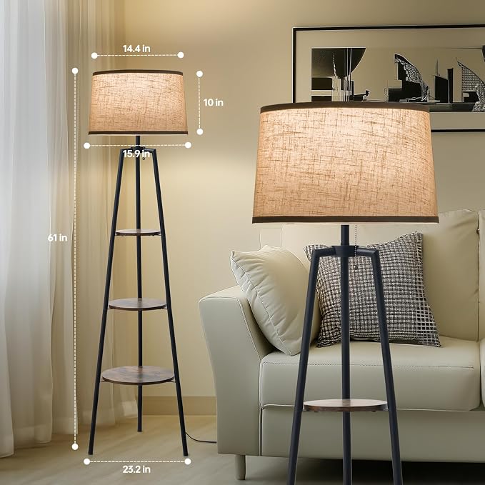 EOEYYOYB 3 Tier Shelf Floor Lamps for Living Room, Modern Standing Lamp with 3 Color Temperature Led Bulb, Tall Lamps for Bedroom and Office, Vintage Yellow