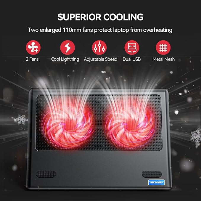 TECKNET Laptop Cooling Pad - 12"-15.6" Laptop Cooler, Powerful Cooler and Ultra Quiet for Gaming Laptops Pad, 2 Wind Speed Adjustable, USB A & C Powered Cooler Stand with Laptops Fan LED (Red)