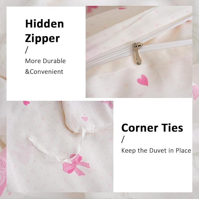 Pink Bow Duvet Cover Set King 100% Nature Cotton Duvet Cover 3 Pcs Girls Cute Comforter Cover with Zipper Closure Ultra Soft Breathable Bedding Set for All Seasons