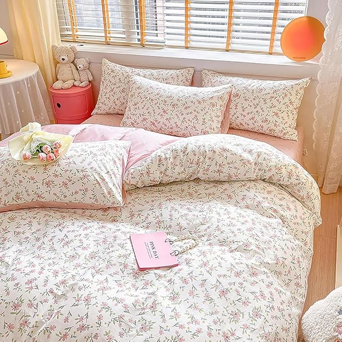 Girls Pink Floral Duvet Cover Twin XL Soft 100% Cotton Aesthetic Flower Bedding Set Vintage Botanical Comforter Cover Breathable Cottagecore Bedding Set 1 Twin XL Duvet Cover with 2 Pillowcases