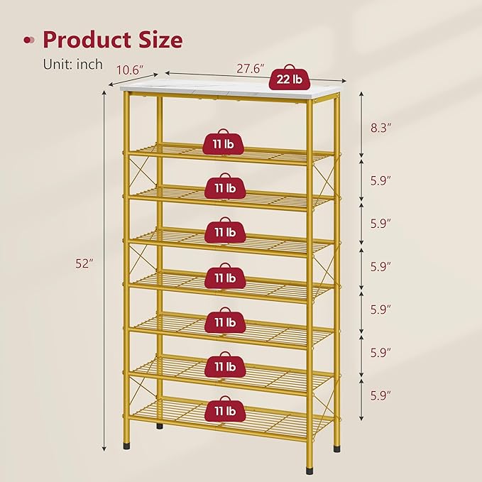 Tajsoon 8 Tier Shoe Rack Organizer for 28-32 Pairs of Shoes, Metal Mesh Shoe Shelf for Closet, Industrial Shoe Rack for Entryway Shoe Storage with X Shape Fixed Frame, White & Gold