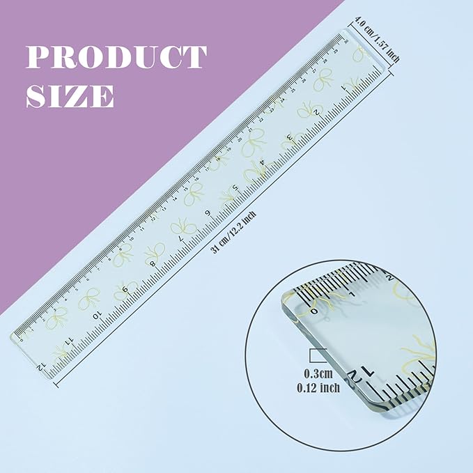 BAYTORY 4Pcs Transparent Acrylic Ruler 12 Inch, Clear Plastic Straight Rulers, Shatterproof Student Stationery Centimeters with Inches, for Classroom Essentials School Supplies (Bowknot)