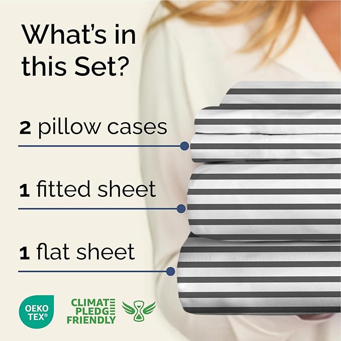 Striped Sheets - Grey Striped Sheets - 1 Flat & 1 Fitted & 2 Pillowcases w/ Deep Pockets – Comfy, Wrinkle & Fade Free - Ultra-Soft, Breathable & Cooling – Luxury Pinstripe Bedding - Queen Size Bed Set