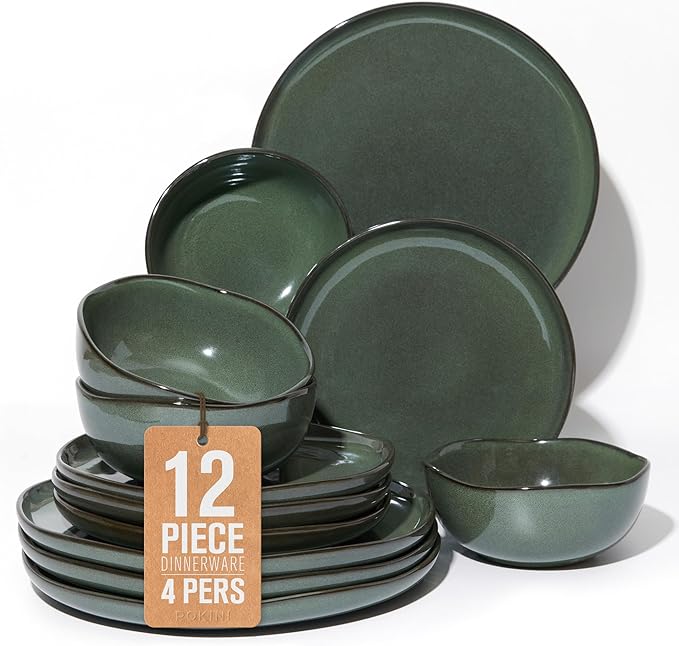 Pokini Ceramic Plates and Bowls Set, Everyday Dinnerware Set for 4, Wavy Rim Kitchen Dish Set, Chip Resistant Dishware Sets, Dishwasher Safe Dinner Set, Designed for Simple Meals, Forest Green
