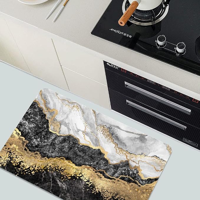 Diatomaceous Earth Bath Mat,Black White Gray Gold Marble Non-Slip Volume Super Absorbent Fast Drying for Bathroom Kitchen Door mat,Eco-Friendly Easy to Clean 16×24Inch (40 * 60cm)