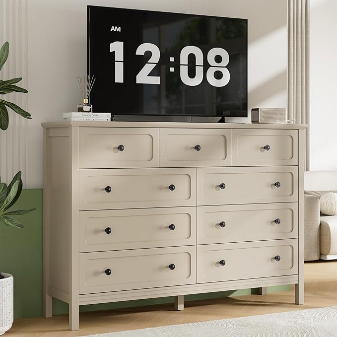 Dresser for Bedoom, Modern Chest of Drawers, Wood 8 Drawer Dresser with Metal Handles, Storage Organizer Wide Dressers for Living Room, Hallway, Entryway, Beige