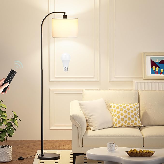 Ambimall Arc Floor Lamp with Remote and Stepless Dimmable Bulb, Colors Temperature & Brightness Adjustable, Floor Lamps for Living Room（White Shade & Black Pole）