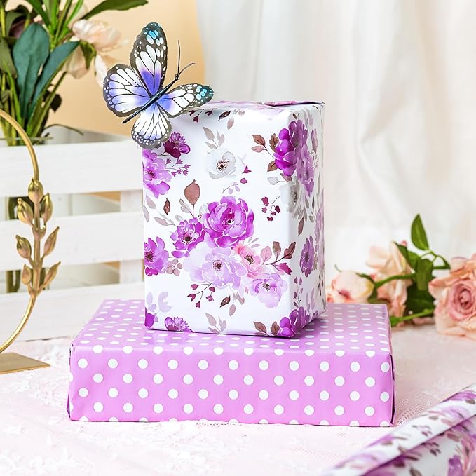 Yarcony Reversible Floral Wrapping Paper Roll, Purple Flower Gift Wrapping Paper, Watercolor Rose Design Wedding Gift Wrap for Girl Women Birthday, Mother's Day, Bridal Shower,Christmas (17Inx16.5Ft)