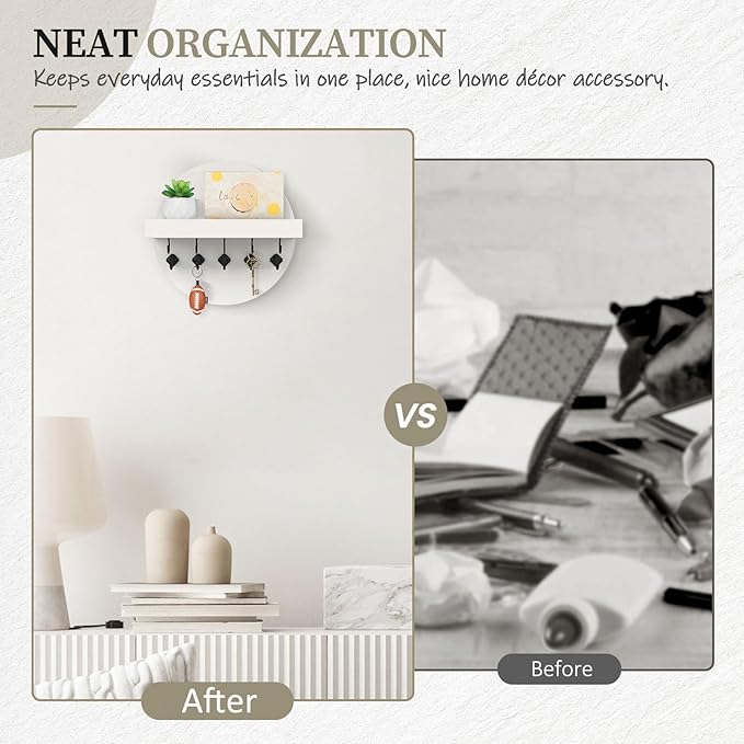 Nekon Key Holder Wall Mount, Key and Mail Organizer for Wall, 9.8 Inch Round Wooden Rustic Wall Organizer for Entryway, Hallway, Kitchen, Office (White)