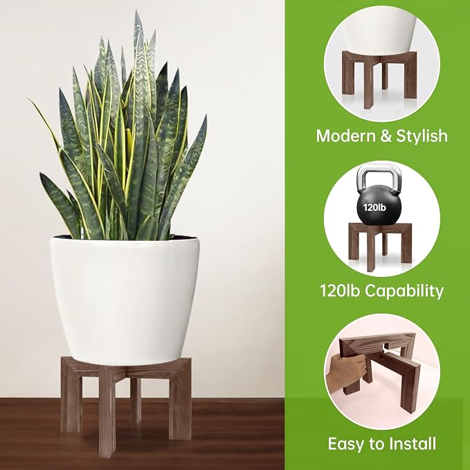 hismocal Modern Wood Plant Stand Indoor/Outdoor, Planter Stand Holder Rattan Flower Pot Stand (1 Pack- Wood Grain)