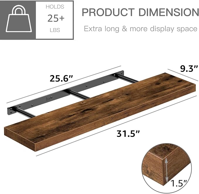 QEEIG Floating Shelves for Wall 31.5" Long - Wall Mounted Shelf Bathroom Kitchen Living Room Bedroom Farmhouse Home Decor Display Bookshelf Large 31.5 x 9.3 inch Set of 2, Rustic Brown (008-80BN)