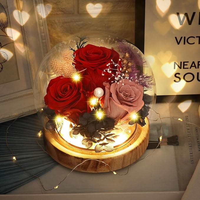 Preserved Flowers, Unique Rose flower Gifts Preserved Flower Gifts in Glass Dome for Women, Mom, Girlfriend and wife,Home Decor Gifts for Birthday, Mother’s Day, Anniversary, Christmas, Wedding.