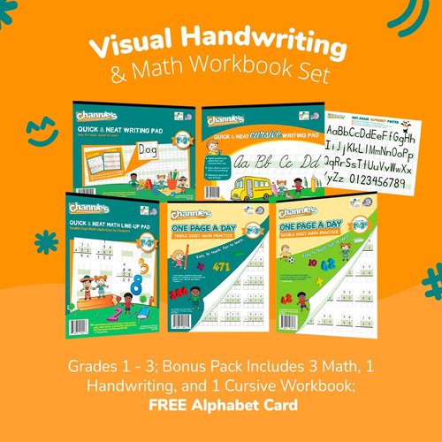 Channie’s Visual Math Workbooks - Cursive & Handwriting Bonus Pack of 5 | Grades 1-3 with Free Alphabet Card