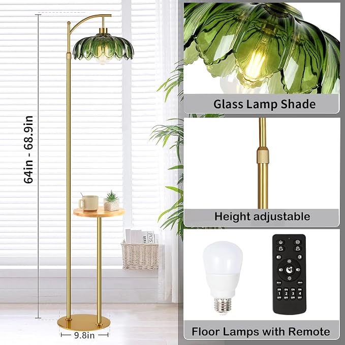 QIYIZM Glass Floor Lamp with Table and Shelves for Living Room Bedroom,Gold Standing Lamp with Remote Dimmable,Boho Brass Tall Lamp Vintage Farmhouse Arc Green Flower Floor Light Bohemian
