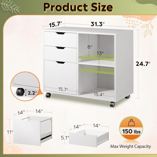 DEVAISE 3-Drawer Wood File Cabinet - Mobile Lateral Filing Cabinet with Open Storage Shelves | White Finish