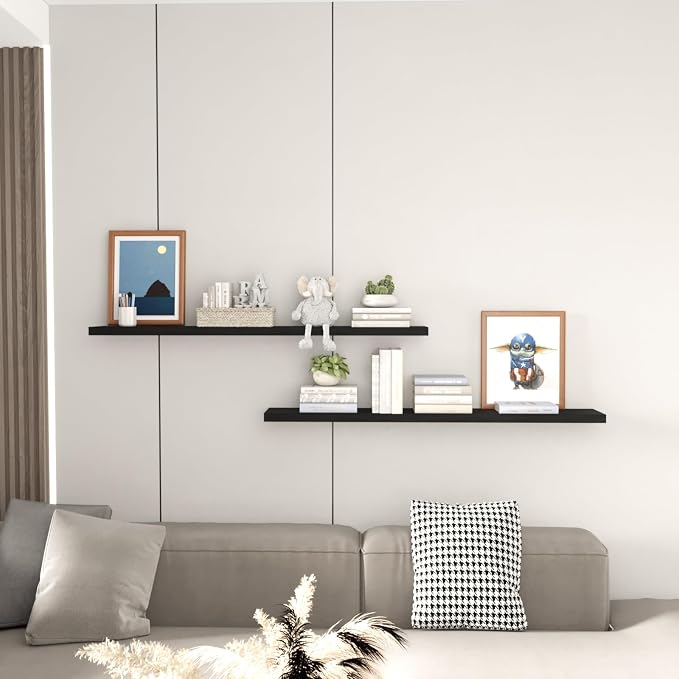 SAUMONIERES 48 Inch Floating Wall Shelves for Bedroom Bathroom Wall Mounted Solid Wood Shelf Storage Decor Set of 2, Black Floating Shelves