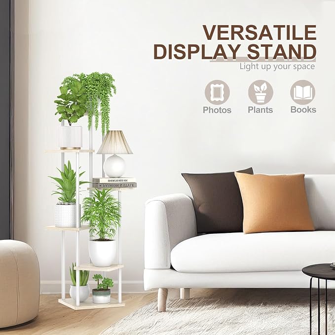 Oppro 6 Tier Tall Plant Stand Indoor, Large Metal Wood Muti Level Vertical Planter Shelf Orchid Holder for Narrow Corner, Sturdy Heavy Duty Flower Display Rack for House Decor Living Room Bedroom, White