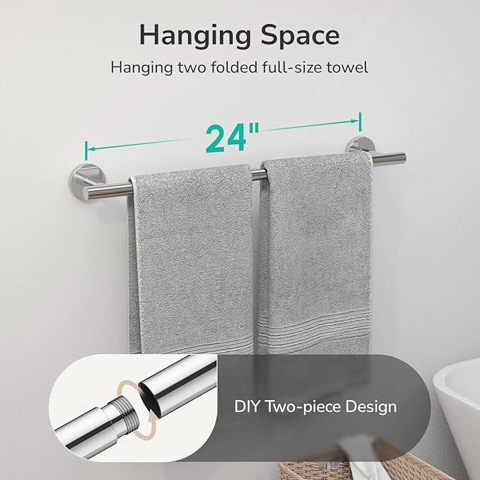 USHOWER Polished Chrome Towel Bar, 24-Inch Towel Racks for Bathroom Wall-Mounted, SUS304 Stainless Steel Towel Rod (Total Length 26-Inch)