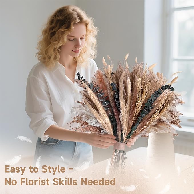 Pampas Grass Boho Home Decor 71PCS 17 inch Natural Dried Flowers for Vase Eucalyptus Stems Pompas Dried Flowers Bouquet DIY Arrangements Boho Wedding Bedroom Tables Decoration