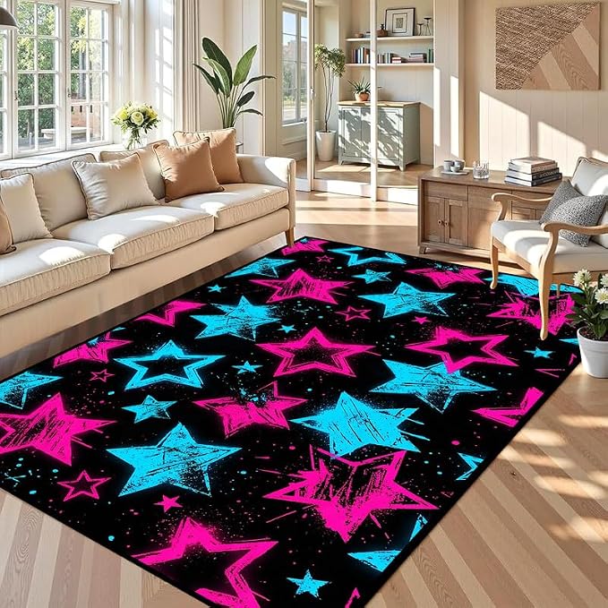 6'x9' Neon Star Area Rug Black Pink and Blue Floor Mat Abstract Star Print Rugs Washable Non-Slip Carpet for Bedroom Living Room Nursery Kitchen Playroom Home Decor