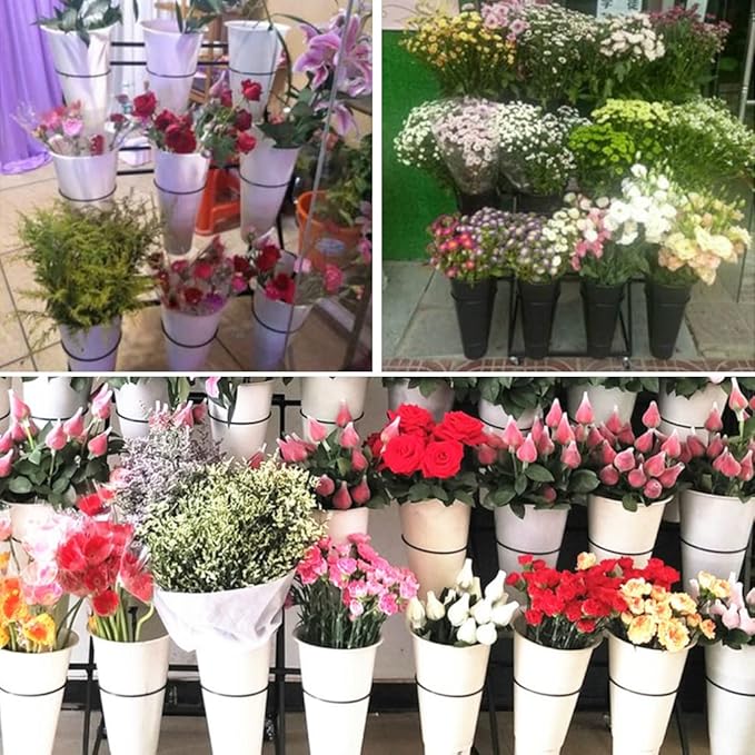 Decorative Flower Display Stand with Buckets for Cut Flowers, Heavy Duty Rolling Plant Stand on Wheels, Indoor Outdoor Flower Cart Ladder Shelf for Florist, Garden, Patio (3 Tier 9 White Bucket)
