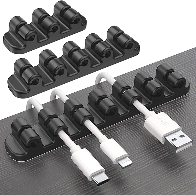SOULWIT Upgraded Cable Holder, Cable Management Cord Organizer Clips Silicone Self Adhesive for Desktop USB Charging Cable Power Cord Bedside Wire PC Office Home (3/5/7 slot,Black)