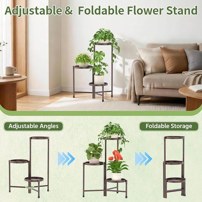 LASZOLA 3 Tier Large Plant Stand Indoor Tall with 10 Inch Metal Tray, Corner Folding Flower Display Rack, Modern Plant Holder Shelf for Outdoor Patio Porch Garden Office Living Room, Bronze
