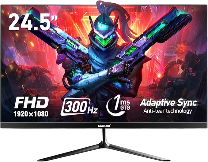 Gawfolk 24.5 Inch PC 300Hz Gaming Monitor, FHD 1080p Screen,Adaptive Sync,1ms Without Bezel, 98% sRGB, 178 ° Angle View, HDMI、DisplayPort, Compatible with Wall mounting 75 * 75MM - Black