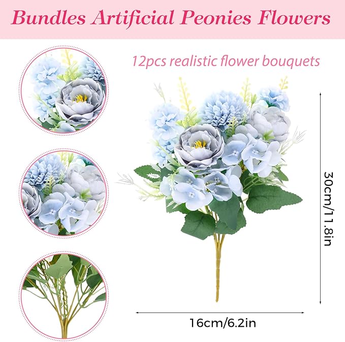 Olgaa 12 Bundles Peonies Artificial Flowers Silk Flowers Fake Peony Bouquet Faux Peonies Flowers Bulk for Wedding Decor Centerpiece Table Decorations (Light Blue)
