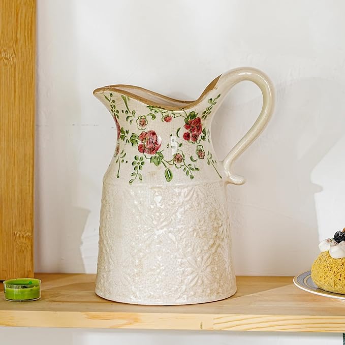 Sungmor Embossed Ceramic Pitcher Vase, Decorative Beige Farmhouse Ceramic Pitcher for Flowers, Vintage Textured Vase for Table, Kitchen & Home Decor, 9.2 Inch with Ice Crackle Glaze Finish