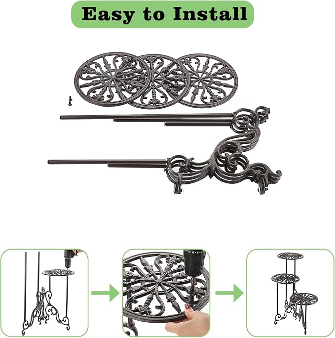 OwnMy 3 Tier Heavy Duty Cast Iron Plant Stand Foldable Wrought Iron Flower Pot Holder, Indoor Outdoor Tall Plant Stand Shelf for Garden Patio, Decorative Round Metal Plant Display Rack, Retro Brown