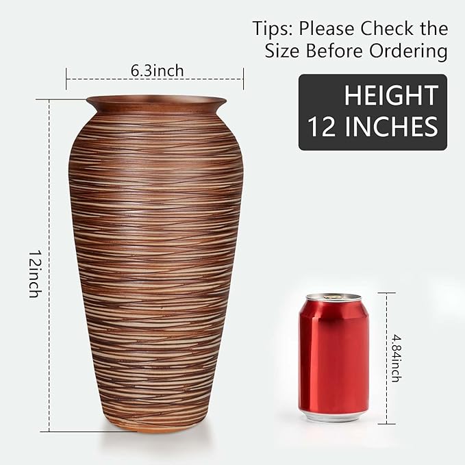Ceramic Rustic Floor Vase,12" Large Farmhouse Flower Vases for Home Decor,Tall Boho Stain Resistant Decorative Vase for Living Room,Entryway,Office,Shelf,Centerpieces Decor (Goldenbrown)