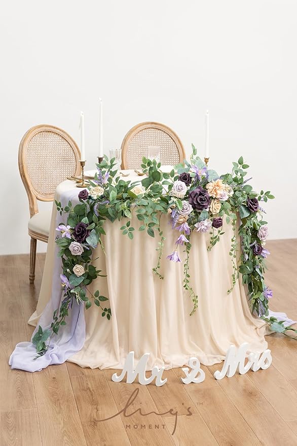 Ling's moment 9FT Eucalyptus and Willow Leaf Garland with White Flower, Handcrafted Wedding Sweetheart Table Centerpieces Head Table Decor Arch Backdrop Decorations for Wedding | Lavender Purple