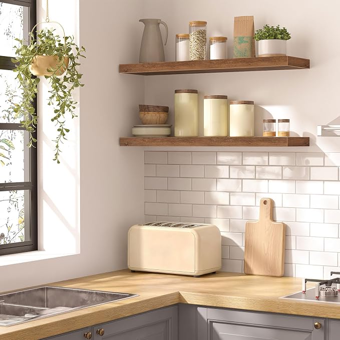 HOOBRO Floating Shelves for Wall, Wall Mounted Shelf Set of 2, 31.5" Hanging Shelf with Invisible Brackets, for Wall Storage in Bathroom Bedroom Kitchen Living Room Office, Rustic Brown BF80BJP201