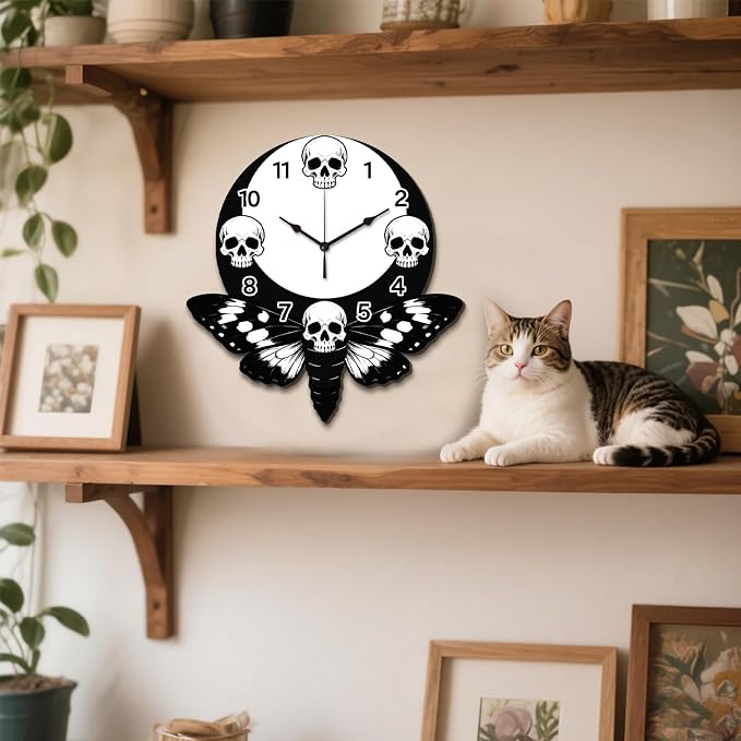 Skull Wall Clock Irregular Shape Decorative Wall Clock Moth Moon Non-Ticking Clock for Home Office Decoration, 13.54×12.99 inch