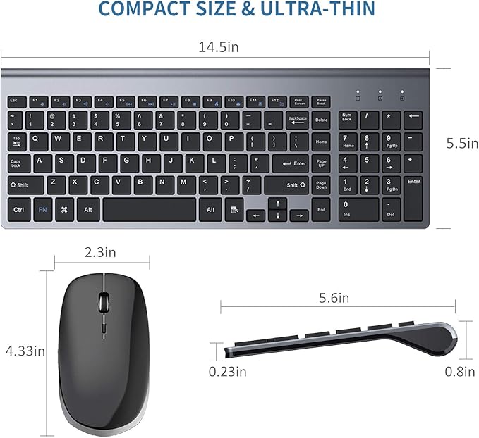 FENIFOX Keyboard and Mouse Wireless, USB 2.4GHz Combo Silent Quiet Low Profile Compact Full Size Flat Slim Thin Portable with Number Pad Soft Cover for PC Laptop Computer Office - Black & Grey