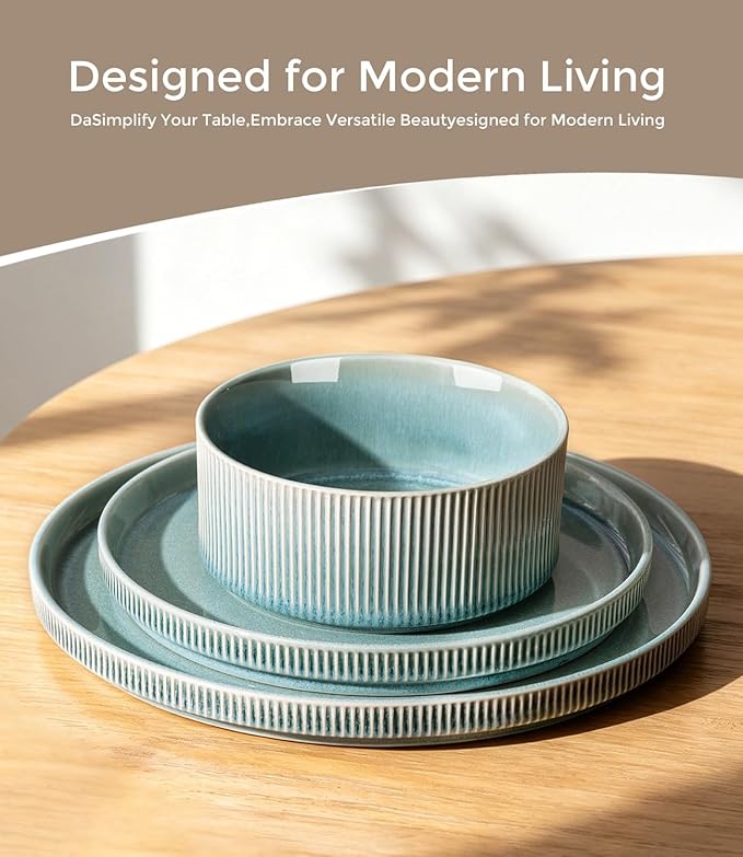 GBHOME 24-Piece Stoneware Dinnerware Set for 8 – Ribbed Ceramic Plates and Bowls, Scratch-Resistant, Microwave & Dishwasher Safe, Reactive Glaze, Malachite Green