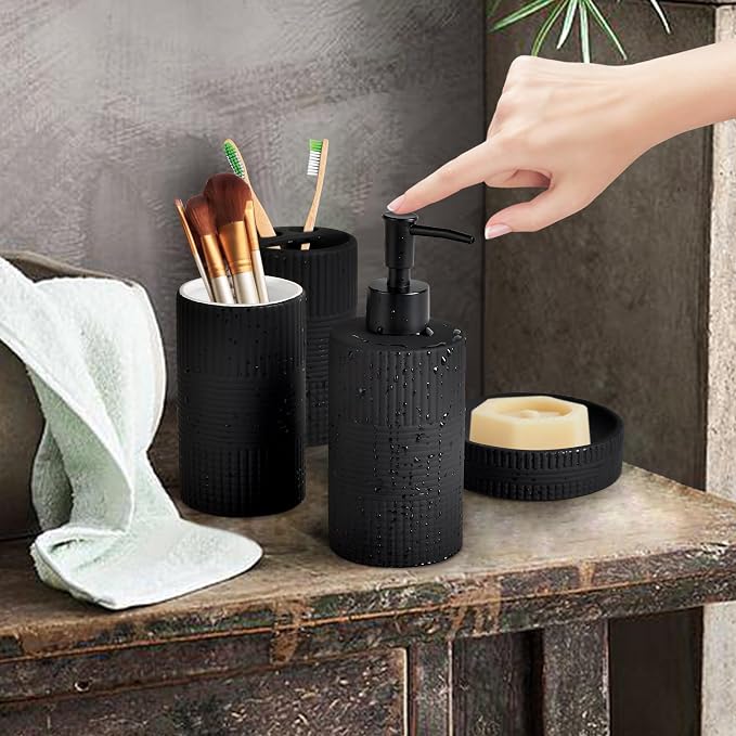 Matte Black Bathroom Accessories Set, 4PC Embossing Ceramic Bathroom Sets Complete-Toothbrush Holders, Soap Dispenser, Soap Dish, Toothbrush Cup, Black Bathroom Decor, Bathroom Countertop Organizer