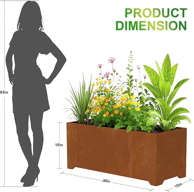 Metal Planter Box, Large Outdoor Rectangle Planters with 6 Drainage Holes & Raised Bottom, Co rten Steel Planter for Patio, Garden, Porch, 36" L x 15" W x 15" H