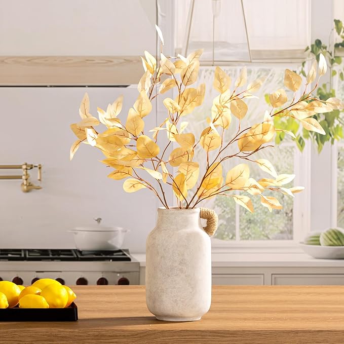 Ceramic Flower Vase Home Decor - 10.6 inch Tall Large White Rustic Table Flowers Vases with Handle Living Room Bedroom Plant Decoration Farmhouse Vintage for Kitchen Shelf Office Coffee Dining Desk