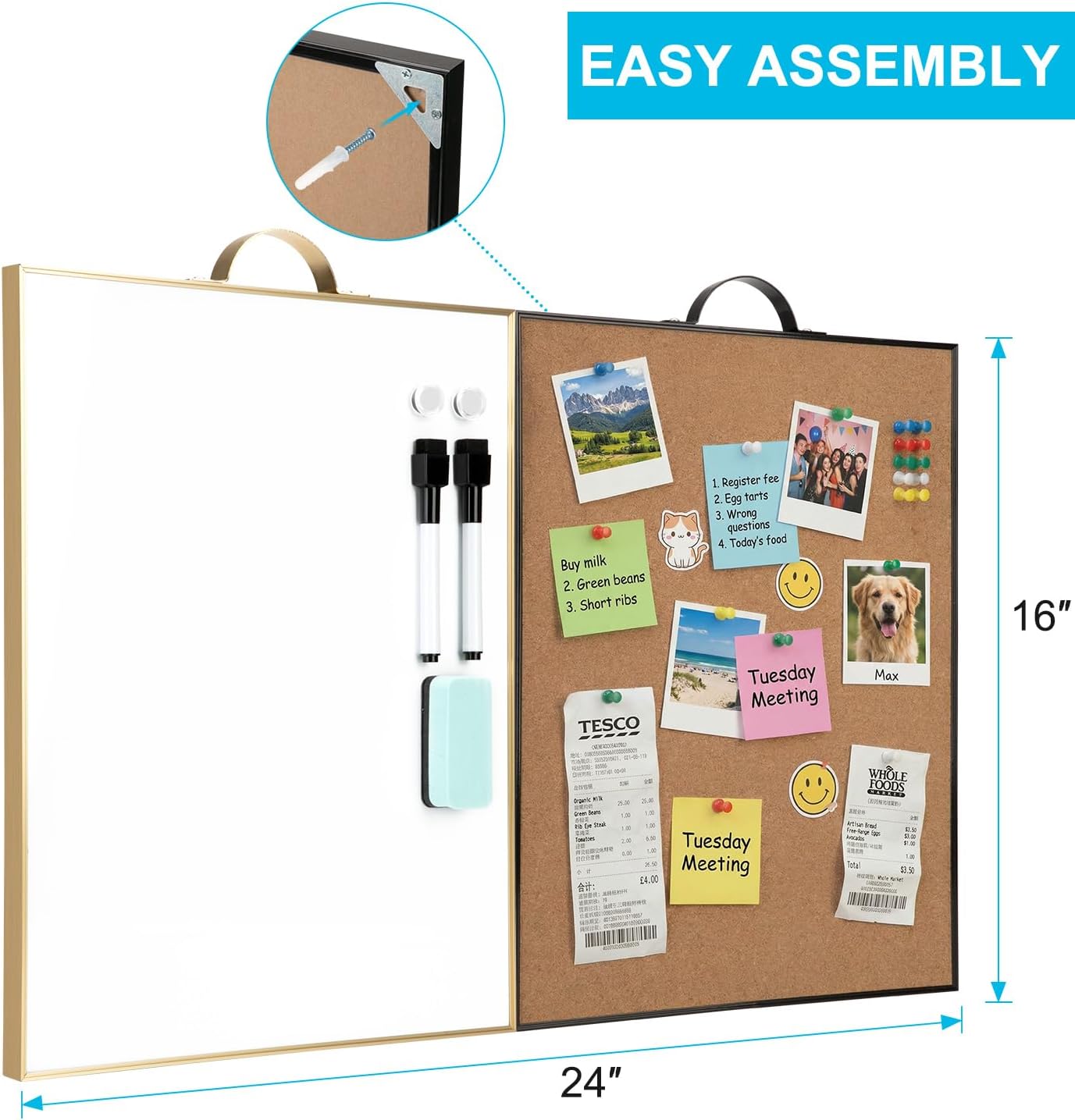 Small Cork Board Whiteboard Combination - 24” x 16” Magnetic Dry Erase & Corkboard with Portable Aluminum Frame