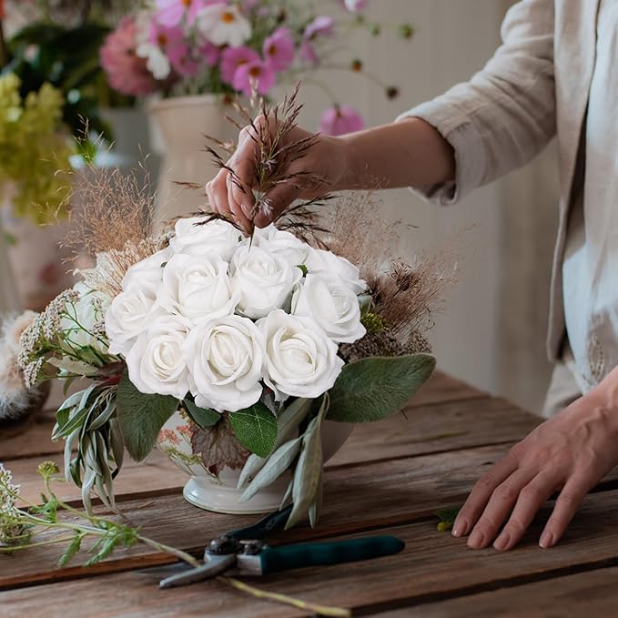 12 Pcs Artificial Rose Flowers, Silk Roses with Long Stems, Realistic Fake Roses for Wedding Centerpiece Party Home and Office DIY Decor, White