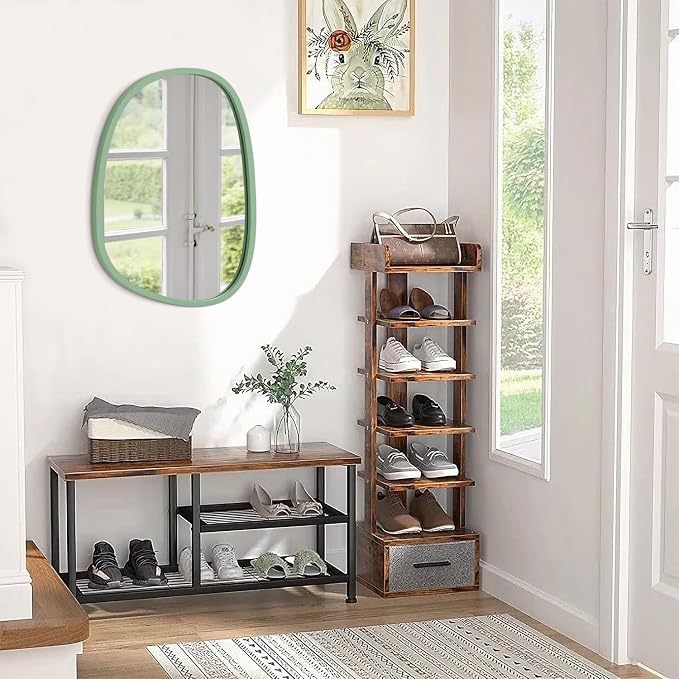 Modern Wood Frame Irregular Oval Mirror - Unique Asymmetrical Artistic Decor for Bedroom, Living Room, Bathroom, Entryway, Hallway - Black, Large
