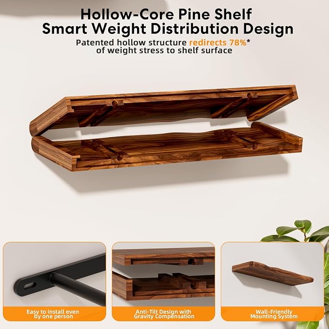 Solid Wood Live Edge Floating Shelves Set of 1 – 48" Rustic Wall Shelf with Hidden Bracket System, Wall Mounted Shelves for Bathroom, Kitchen, Living Room, Bedroom (Walnut)