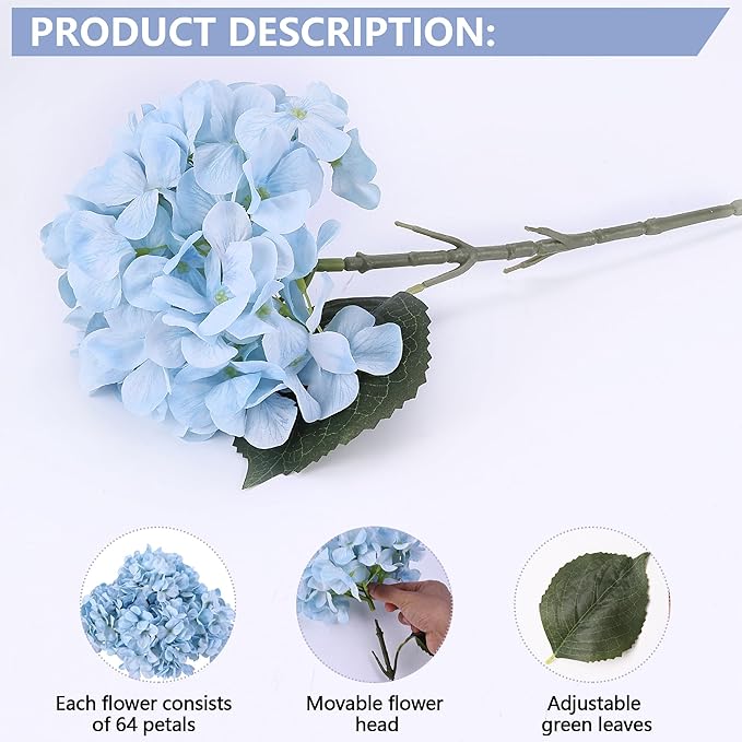 4 Pcs Long Stem Big Size Artificial Hydrangea Flowers for Home Wedding Decor, Party Centerpieces, Office Decoration,Shower (Sky Blue)