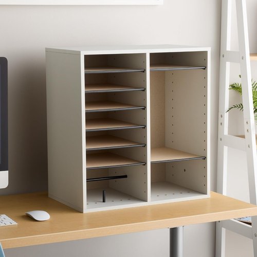 Safco 9422GR Adjustable Wood Literature Organizer - 16 Compartments, Stackable, Durable Gray Design