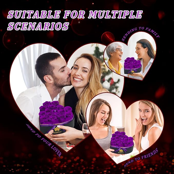 16 Pieces Forever Flower Heart Shape in a Box Preserved Blue Roses for Delivery Grade A Quality 100% Real Immortal Flowers Eternal Birthday for Her Mom Women Wife Girlfriends (Purple)